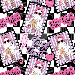 May include: A repeating pattern featuring a ghost wearing a pink bow, heart-shaped sunglasses, and pink sneakers, holding a drink. The design includes black and white checkerboard, pink hearts, a lightning bolt, and text reading BOO-tiful and Trick or treat.