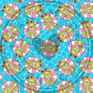 May include: A repeating pattern of cartoon frogs in sunglasses relaxing on pink and white striped inflatable rings in a blue pool. The frogs are holding drinks with straws, creating a fun, summery design.