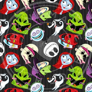 Puede incluir: Un patrón repetitivo sobre un fondo de rayas blancas y negras con personajes de dibujos animados, incluyendo una mujer de pelo rojo, una criatura de saco verde, un perro fantasma blanco, una calavera blanca y otros rostros animados.