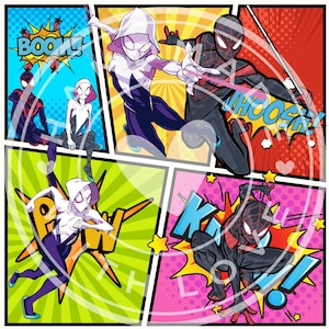 May include: Comic book style artwork featuring Spider-Gwen and Miles Morales in action poses. The artwork is divided into panels with colorful backgrounds and speech bubbles with sound effects like "BOOM" and "WHOOSH".