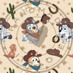 May include: A repeating pattern on a light beige background featuring cartoon blue and orange dogs wearing brown cowboy hats and bandanas. The design includes motifs of green cacti, brown horseshoes, lassos, and boots, with a circular watermark.