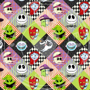 May include: A repeating fabric pattern featuring characters from The Nightmare Before Christmas, including Jack Skellington, Sally, Zero, Oogie Boogie, and Lock, Shock, and Barrel, arranged in a diamond grid with checkered and striped backgrounds.