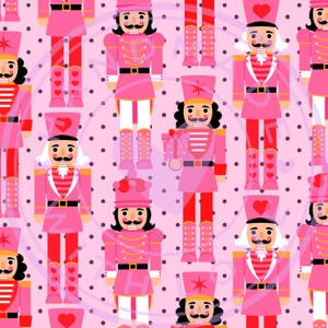 May include: A repeating pattern featuring pink nutcracker figures on a light pink background with dark purple polka dots. The nutcrackers wear pink uniforms with red accents, black belts, and hats decorated with stars or hearts, some holding gifts.