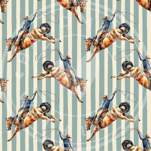 May include: A repeating pattern featuring watercolor illustrations of cowboys riding bucking broncos. The cowboys wear blue shirts and hats, holding ropes. The horses are brown and white. The background has vertical stripes in light blue and cream.