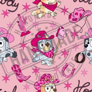 May include: Pink seamless pattern featuring cartoon dogs in cowboy hats and bandanas, along with cowboy boots, horseshoes, and stars. The background is a light pink color with a "HANDMADE" stamp.