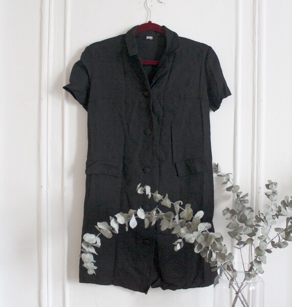 Black linen button mini dress - image 4