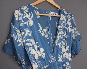 Floral blue silk wrap dress