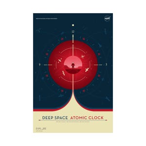 NASA Deep Space Atomic Clock Poster - Red Version - Retro JPL Space Technology Art - Vintage Science Print - Mid Century Modern Wall Decor