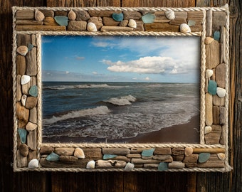 Framed wall art, sea frame, eco interior, handmade frame,  gift for nature lover, sea shells home decor,  baltic sea,  sea glass,driftwood.