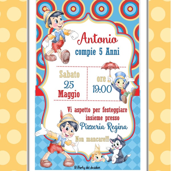 Invitation numérique Pinocchio, anniversaire enfant, fête, invitation sociale, invitation anniversaire, baptême