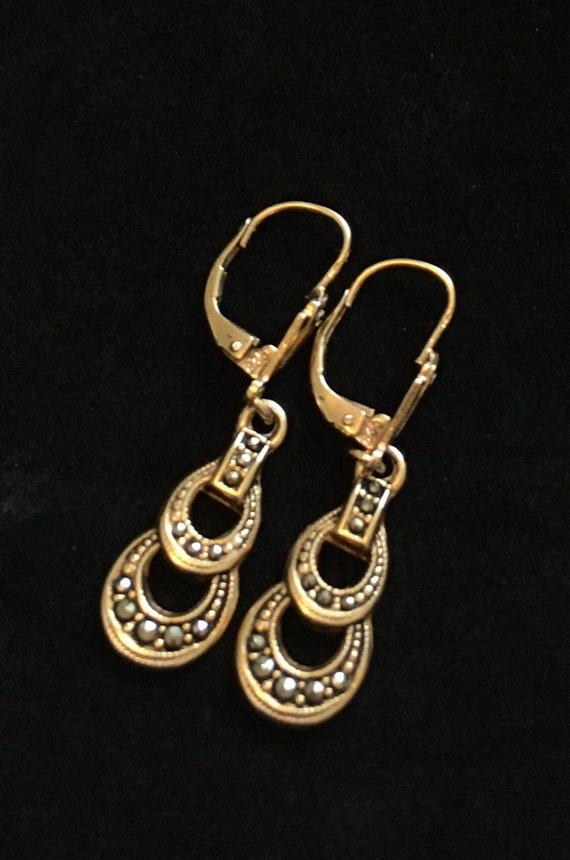 Art Deco Earrings, Marcasites, 18 Carat Gold, 835… - image 1