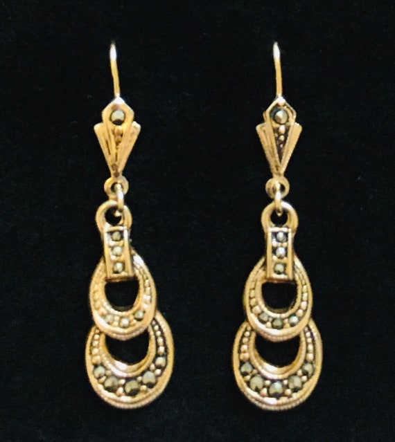 Art Deco Earrings, Marcasites, 18 Carat Gold, 835… - image 3