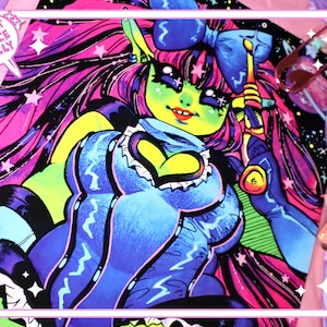 May include: A vibrant illustration featuring a green-skinned character with pink hair, wearing a blue outfit with a heart-shaped detail. The artwork has a cartoonish style with a space theme, and the text "ROBOT SPACE NELLY" is visible.