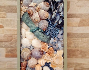 Gerahmte Muschel Collage Wand Kunst Handarbeit Küsten Wandbehang, grau und grün gerahmt Strand Hausdekor, echte Muschel Geschenk, Muschelbild