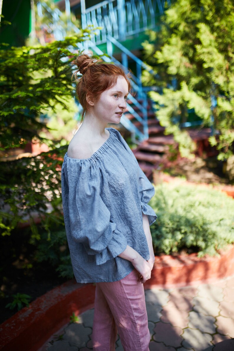 Linen Top Tunica Linen Maternity Peasant Blouse Open Shoulders