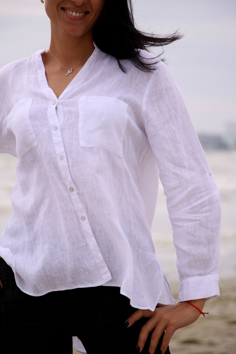 Linen Shirt Women Linen Buttonless Blouse in White image 0