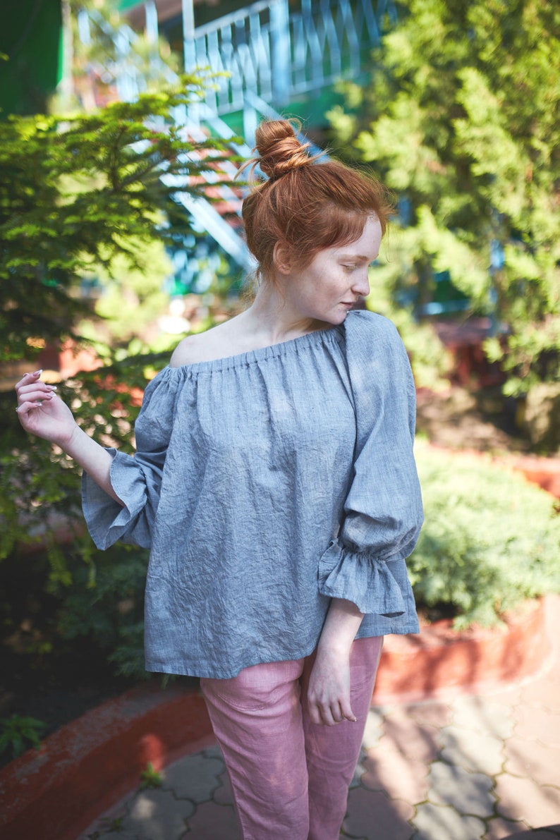 Linen Top Tunica Linen Maternity Peasant Blouse Open Shoulders