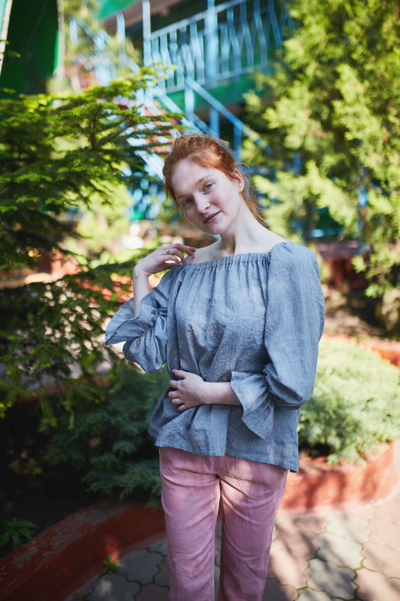 Linen Top Tunica Linen Maternity Peasant Blouse Open Shoulders