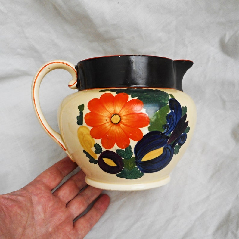 Rare Adams Titian Ware Royal Ivory Oretonne Pattern with Black Border Hand Made Hand Painted Floral Pottery Pitcher Ewer ca 1920s MAKE OFFER