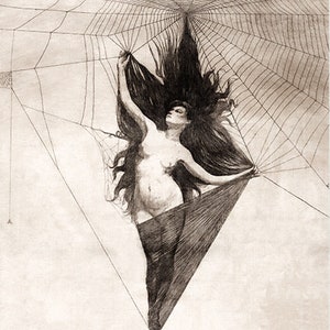 Vintage 18th Century Etching of Spider Woman in Web Download and Printable Gothic Wall Art