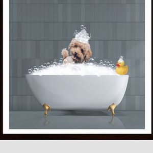 Poodle in Bathtub in Print | Poodle Wall Decor | Funny Bathroom Art | Whimsy Animal Art | Animal in Bathtub | Poodle Bathing