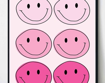 Rosa adrettes Ombre Smiley-Gesicht-Raum-Dekor | College Wandkunst | Preppy Ästhetik | Preppy PFP | Retro Poster | Digitaler Download