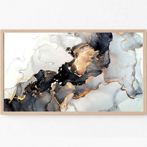 Samsung Frame TV Black and Gold Abstract Fluid Art Painting | Instant Download