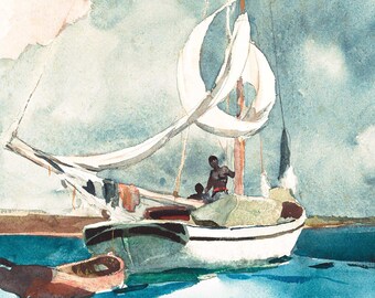 Sailboat Vintage Watercolor Painting, Coastal Wall Art Decor Digital Download Art, Sail Boat Artwork