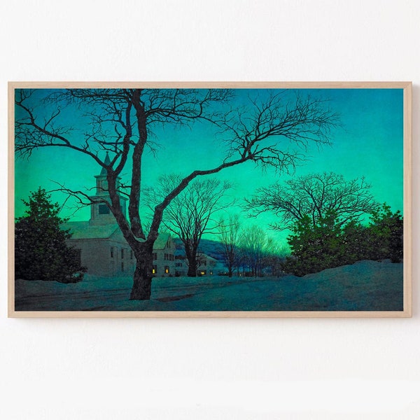 Samsung Frame TV Art Tranquil View of Winter Twilight | Church Steeple | Lights in Windows | Trees | Download for TV Screens