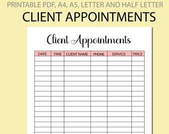 Client Appointment Tracking Printable | Meeting Tracker |Tutoring Tracker | Hairdressing | Nail Tech | Small Business | A4 A5 LETTER PDF