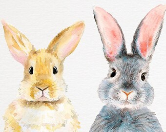 May include: A watercolor painting of two rabbits. One rabbit is brown and white, and the other is gray. Both rabbits are looking at the viewer.