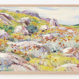 Samsung Frame TV Art Spring | Blumenwiese | Rosa Blumenfeld mit Steinen | Vintage Malerei | Digitaler Download