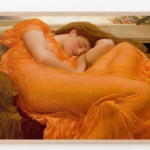 May include: A painting of a woman in a flowing orange gown, sleeping on a couch. The woman's hair is long and flowing, and her face is serene. The painting is set in a room with a fireplace and a window.