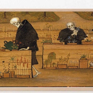 May include: A painting depicting three skeletons dressed in black robes tending to a garden. The skeletons are surrounded by flowers and plants in wooden planters. The painting is titled "415..."