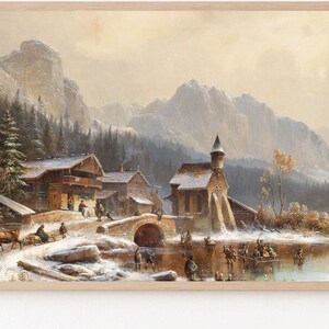 May include: A painting depicting a snowy winter scene with a small village nestled in a valley. The village features a church with a steeple, several houses, and a bridge crossing a frozen lake. People are ice skating on the lake, while others are walking along the path.