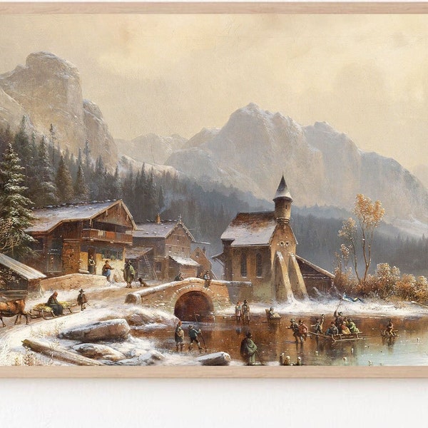 TV Art for Samsung Frame TV Winter Fun Village Scene | Vintage Oil Painting | Digital Download for TV Screens