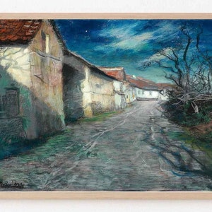 Samsung Frame TV A Street in Moonlight Nighttime Painting | Stone Road | Foliage and Sky | Cobblestones | Leafless Trees