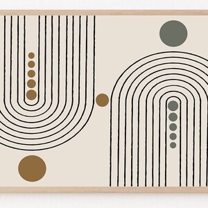 May include: Abstract art print with a beige background, black lines forming two arches, and brown and gray circles.