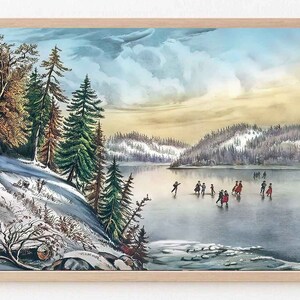 May include: A vintage illustration of a winter scene with a frozen lake and people ice skating. The lake is surrounded by snow-covered trees and hills. The sky is a light blue with white clouds. The sun is setting in the distance, casting a warm glow over the scene.