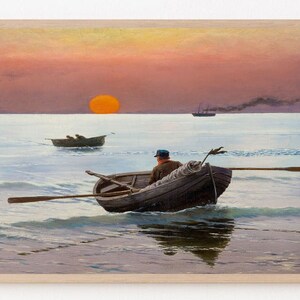 May include: A painting of a sunset over the ocean with a lone boat in the foreground. The boat is being rowed by a person in the middle of the water. The sun is setting in the distance, casting a warm glow over the scene.