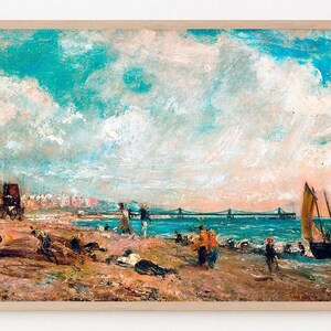 May include: A painting depicting a seascape with a wooden boat and people on a sandy beach. The sky is a vibrant blue with fluffy white clouds. The water is a turquoise blue with whitecaps. The beach is a light brown with a few trees in the background.