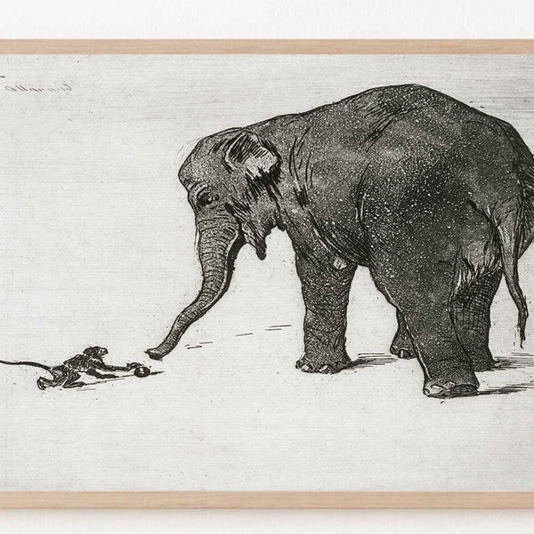 Samsung Frame TV Art Monkey and Elephant Wall Art |  Vintage Etching Elephant Artwork | Neutral Nursery Digital Download Gallery Wall
