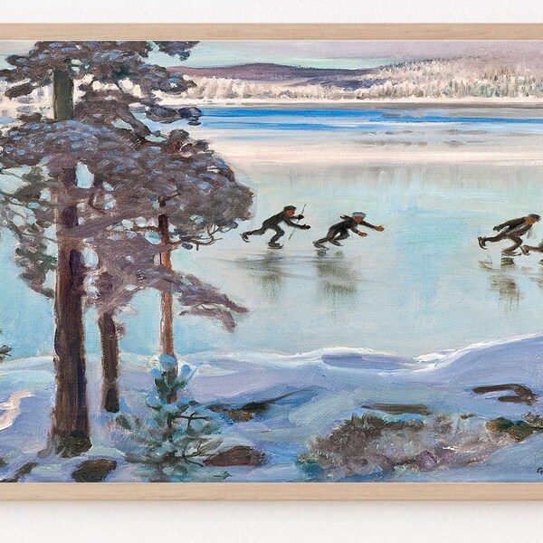 Children Playing TV Art Digital for Samsung Frame TV Art Frozen Lake Painting | Vintage Lake Landscape