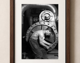Power House Mechanic Black and White Wall Art, Vintage Industrial Photography, Masculine Office Decor, Factory Print