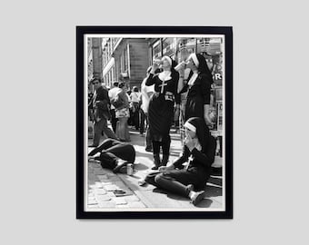 Nuns Drinking Poster – Black and White Retro Photo Print, Feminist Art, Digital Download for Bar Decor, and Funny Art Printable