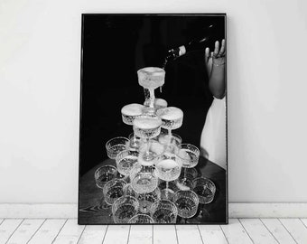 Impresión de copas de champán antiguas: póster de bar antiguo en blanco y negro. Descarga digital para arte mural de cócteles, impresión de carrito de bar, elegante