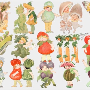 15 Niedliche Vintage Kinderzimmer Kunst | Kinder verkleidet als Obst und Gemüse | Skurrile PNG-Dateien | Sofort Download