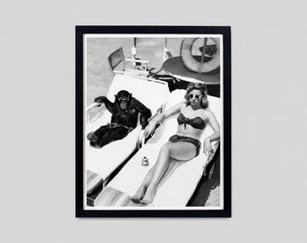 Vintage Poolside Chimpanzee Wall Art, Funny Black and White Monkey Print, Retro Hollywood Poster, Mid Century Printable Decor