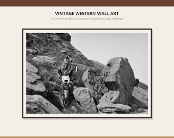 Cowboys on a Rocky Trail Wall Art, Vintage Western Landscape Print, Rustic Ranch and Horse Decor