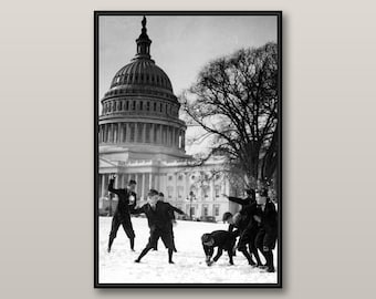 Vintage Capitol Snowball Fight Print, Funny Washington DC Photography, Black and White Winter Wall Art, Office Decor